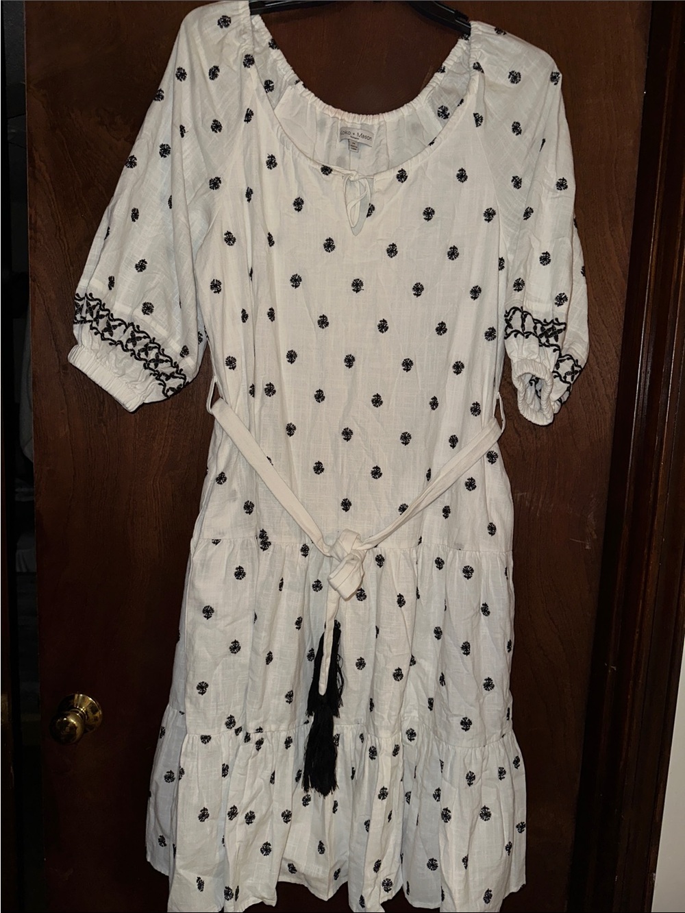 White Midi Peasant Dress with Black Dot Embroidery M-L ptp 21